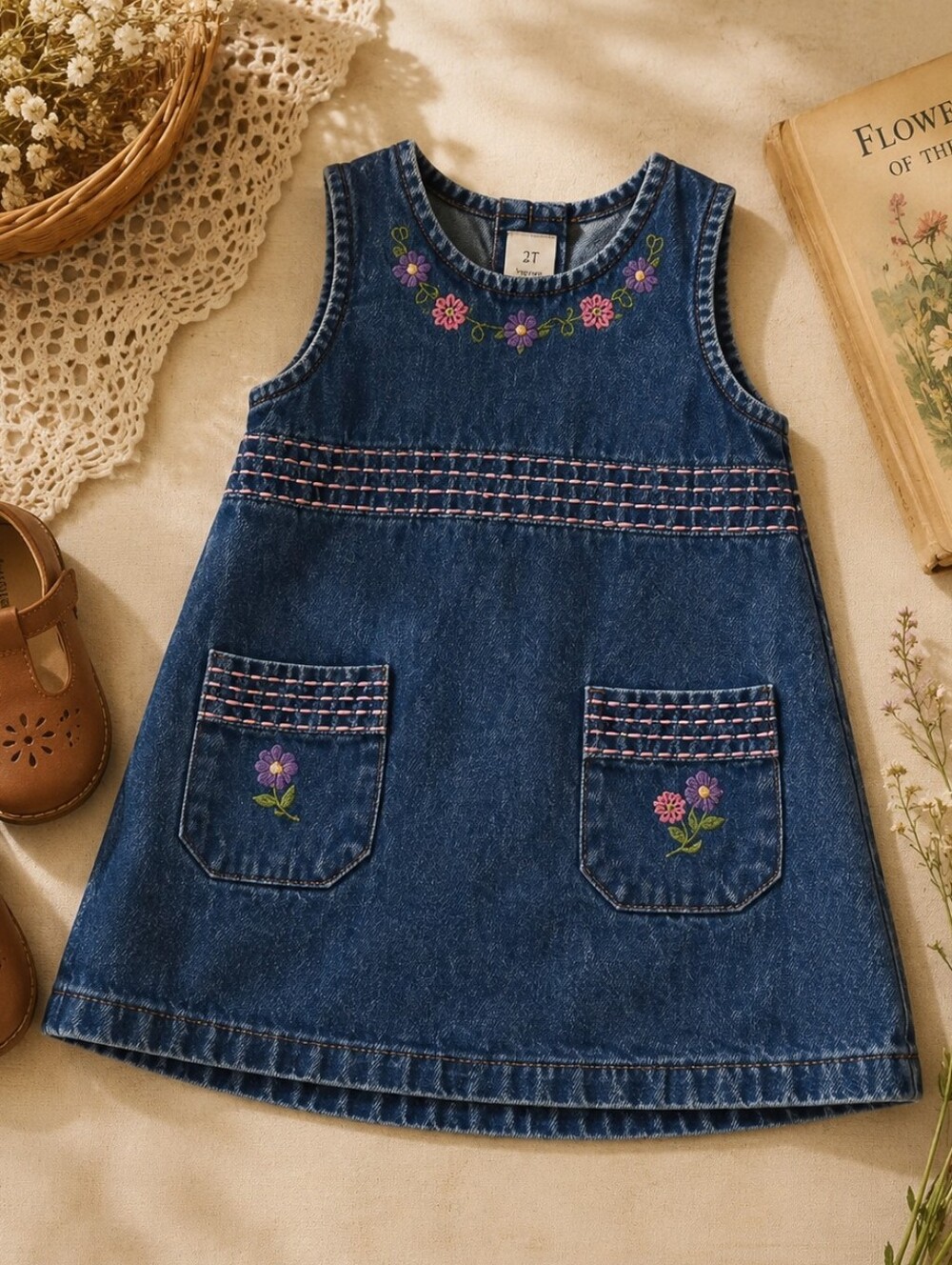 V I N T A G E:: Toddler Girl Denim Embroidered Dress